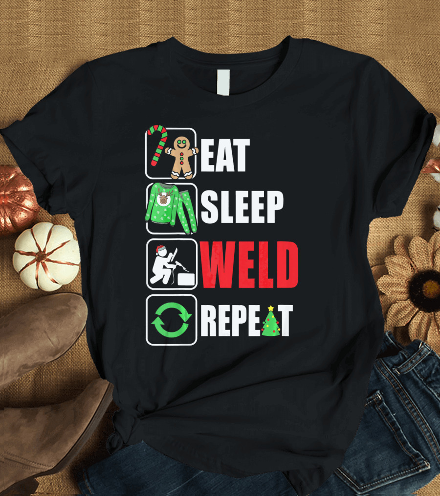 Eat Sleep Weld Repeat Christmas Gingerbread Candy Cane Welder Holiday T-Shirt