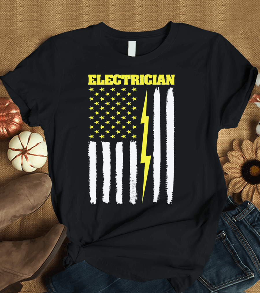 Electrician American Flag USA Stars and Stripes with Lightning Bolt T-Shirt