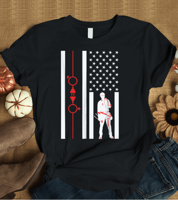 T-Shirt: Electrician American Flag Design with Circuit Symbols and Worker T-Shirt Electrician American Flag Design with Circuit Symbols and Worker T-Shirt