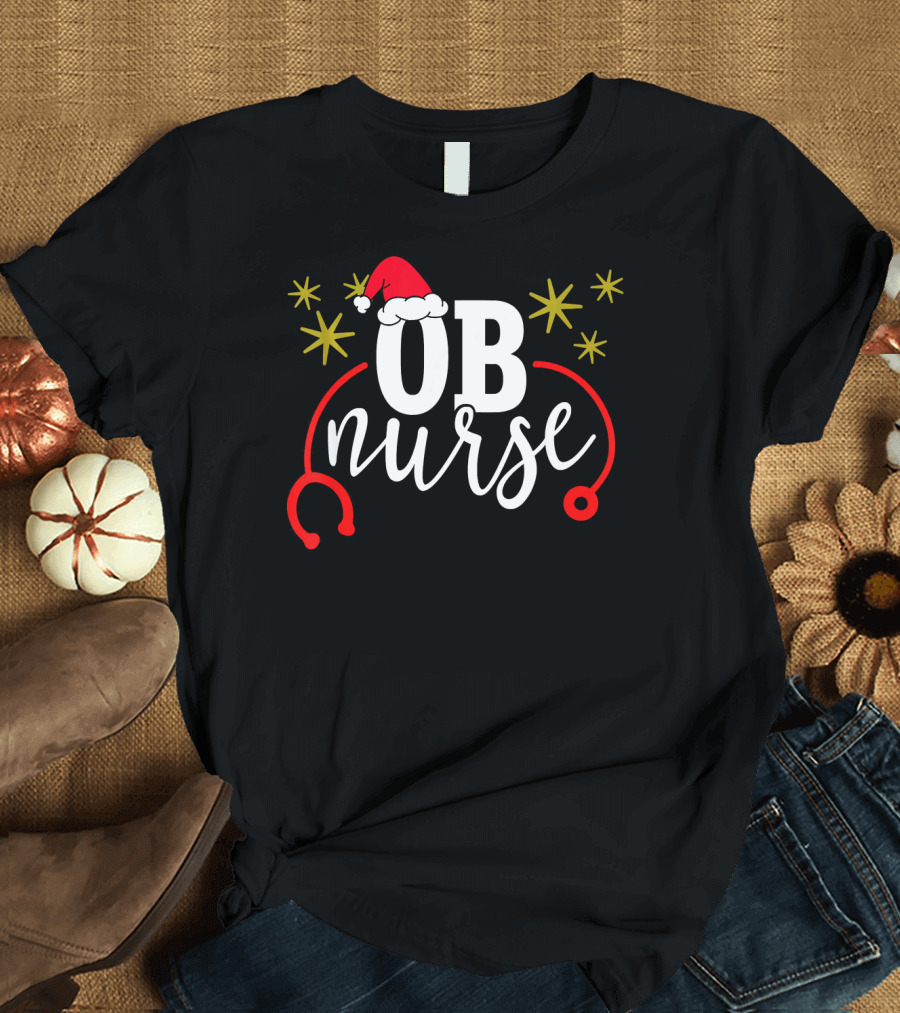OB Nurse Santa Hat Christmas Stethoscope Holiday T-Shirt