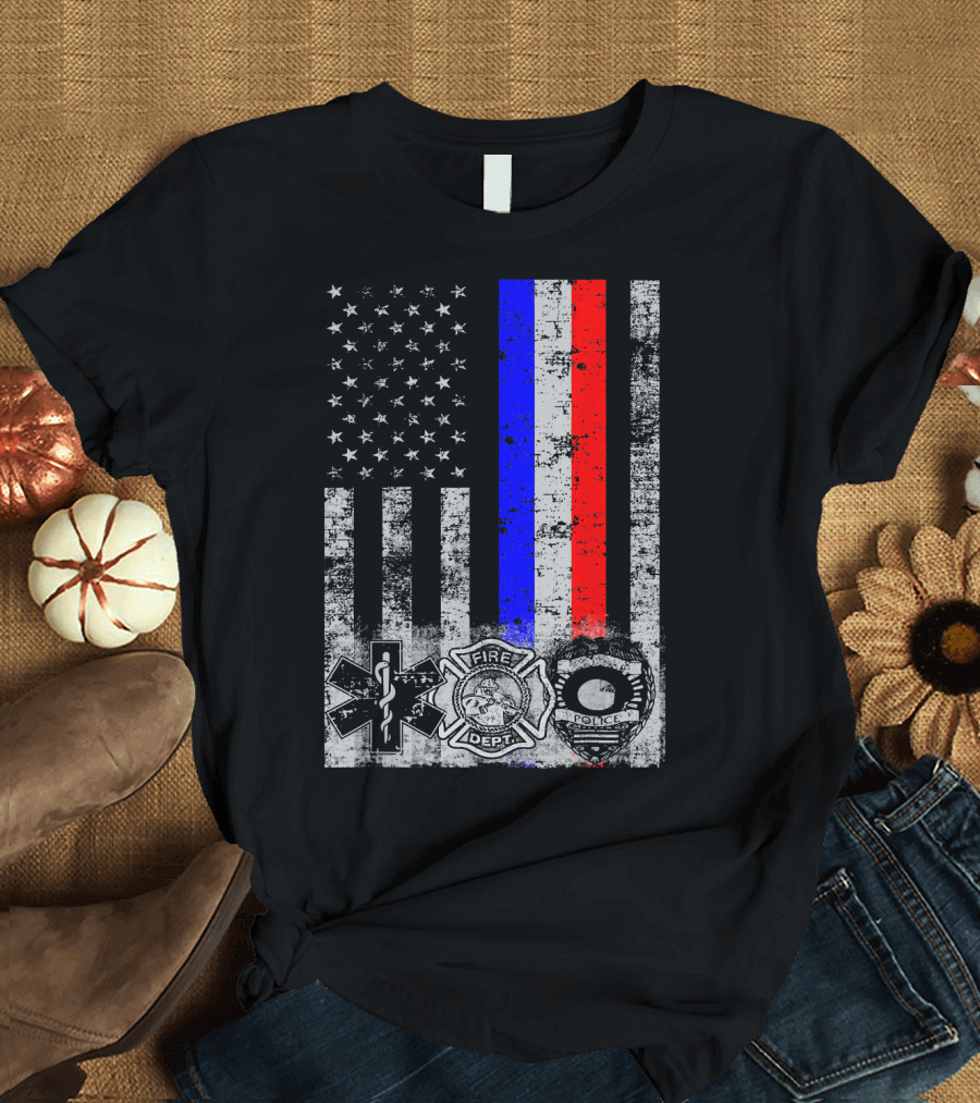 American Flag First Responder Fire Dept EMT Police Badge T-Shirt