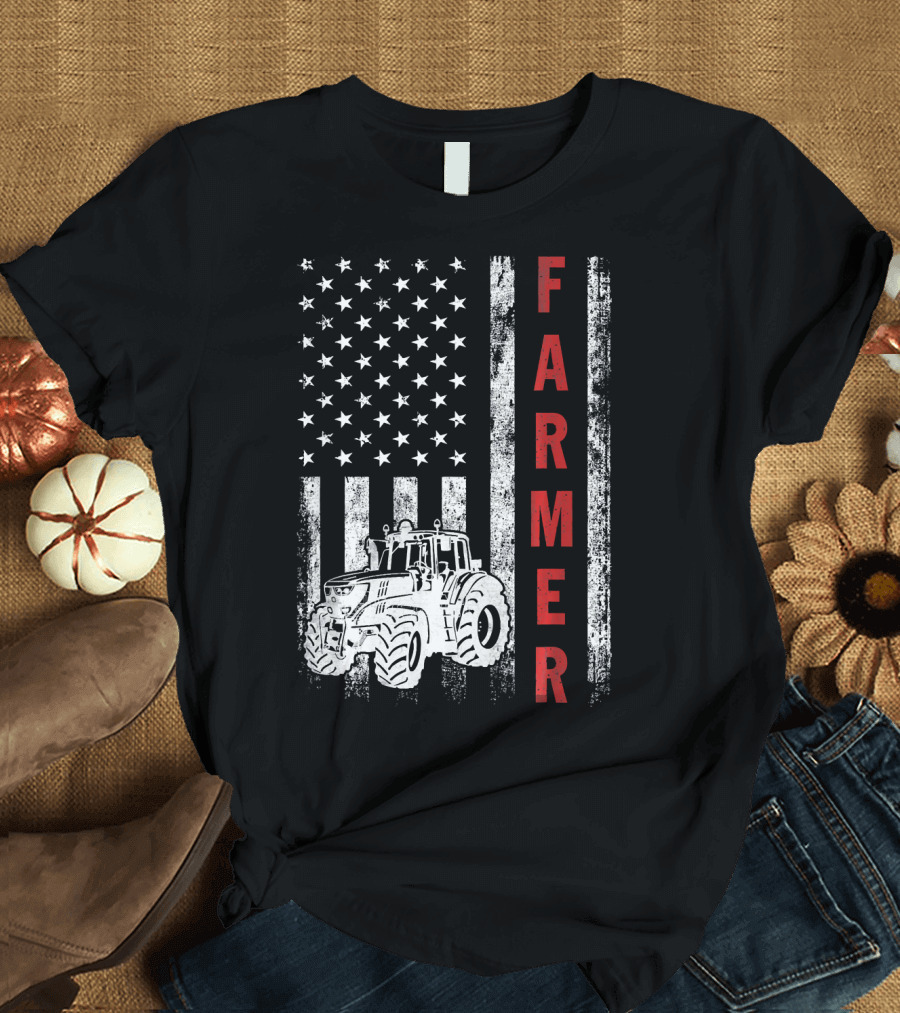 Patriotic Flag Tractor Farmer Funny Farming T-Shirt
