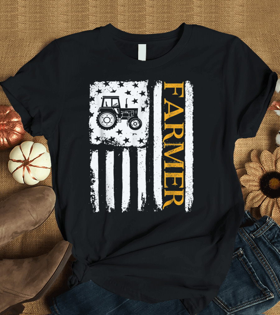 FARMER Tractor USA Flag Harvest T-Shirt