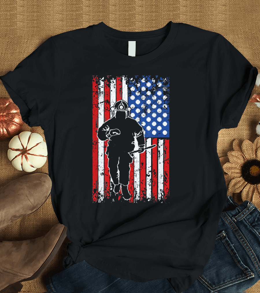 Firefighter Rescue Silhouette American Flag Fireman T-Shirt