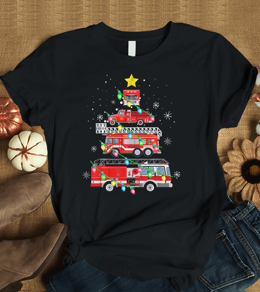 Christmas Tree Firefighter Truck Lights Holiday Fun T-Shirt