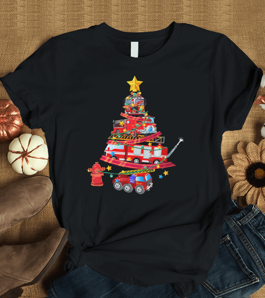 Firefighter Truck Christmas Tree Ornament with Star and Lights T-Shirt