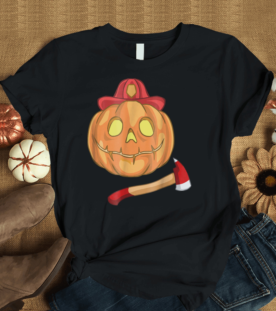 Firefighter Pumpkin Face with Hat and Axe Halloween Fun T-Shirt
