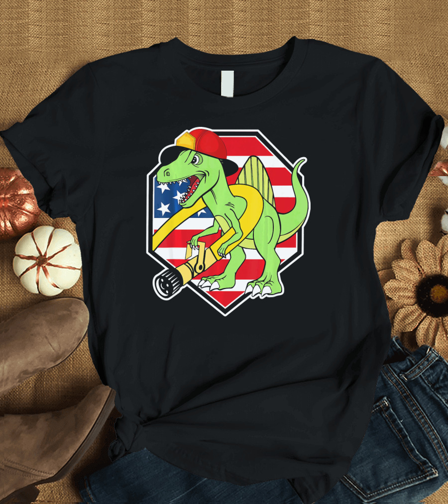 Firefighter Dinosaur USA Flag Hat Fire Hose T-Shirt