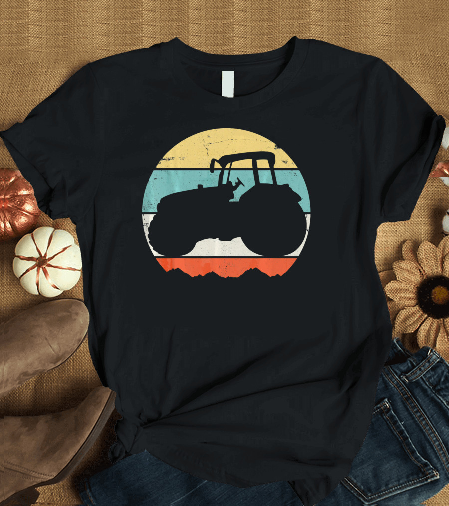 Retro Sunset Tractor Farmer Mountains T-Shirt