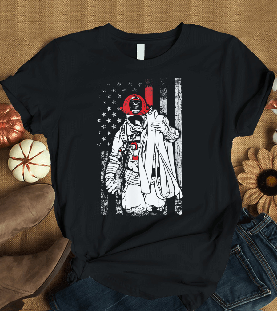 Firefighter with Helmet and American Flag Colors Patriotic T-Shirt