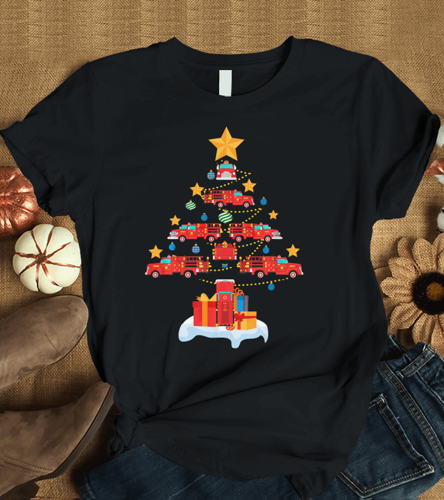 Firefighter Fire Truck Christmas Tree with Presents T-Shirt