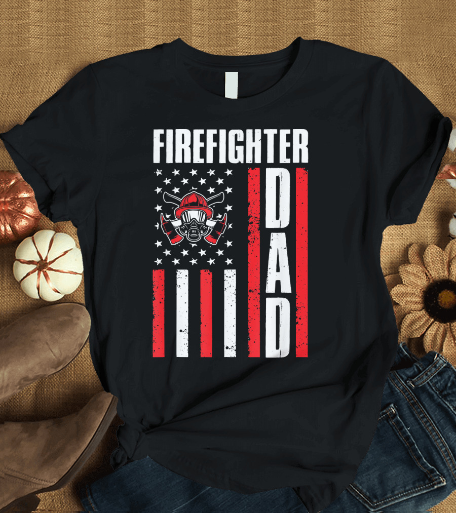 Fighter Dad Fireman Amer Flag Helmet T-Shirt