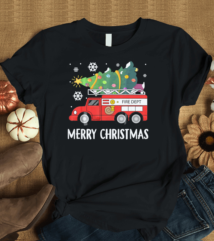 Merry Christmas Fire Dept Truck with Christmas Tree and Snowflakes T-Shirt