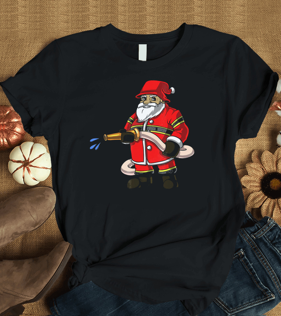 Santa Claus Firefighter Holding Hose T-Shirt