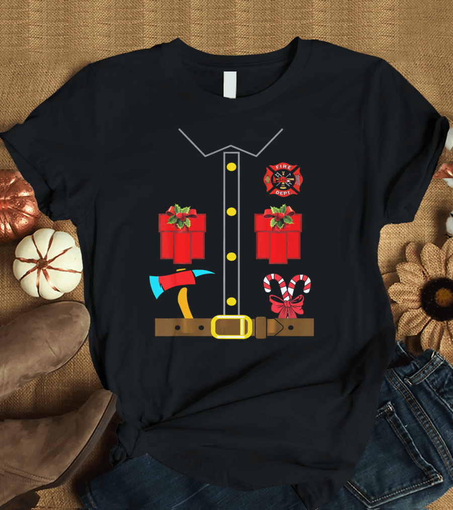 Firefighter Santa Costume Candy Cane Axe Christmas Funny Fire Dept T-Shirt