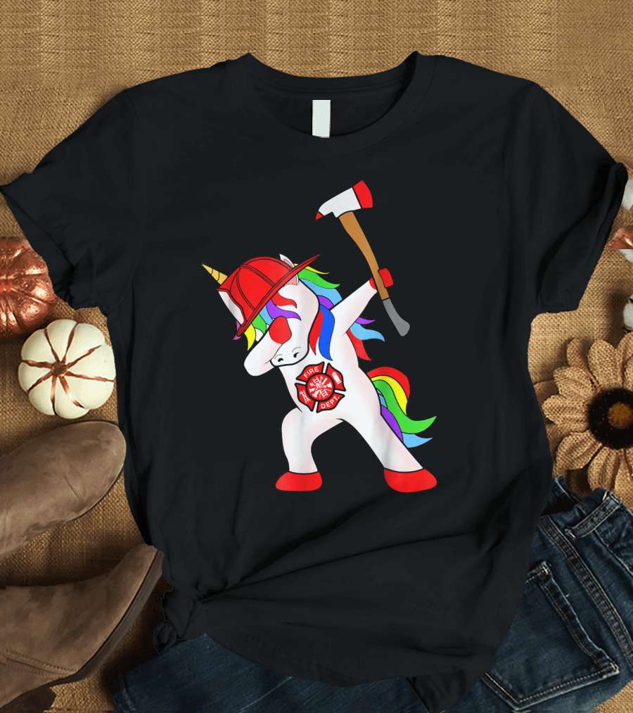 Firefighter Unicorn Dabbin with Axe and Fire Dept Badge T-Shirt