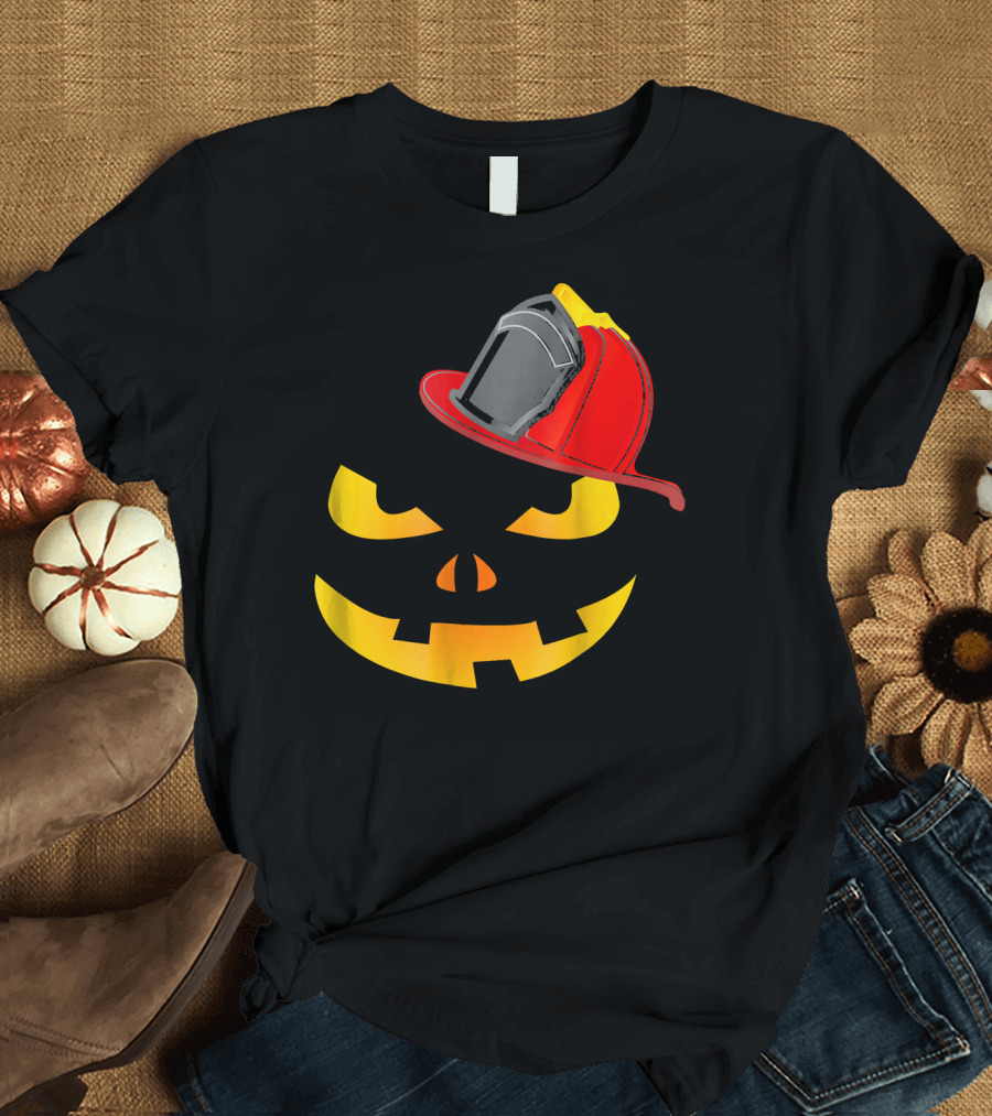 Firefighter Helmet Lantern Pumpkin Face T-Shirt