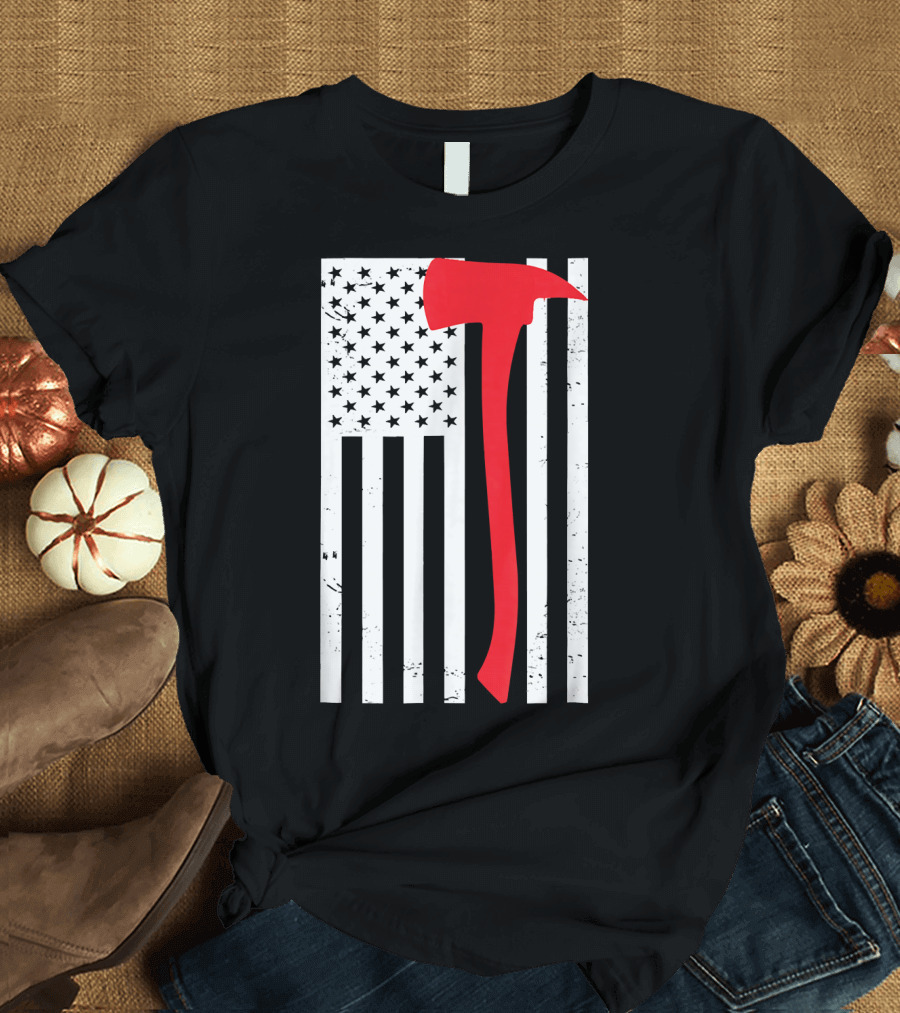 Flag of the United States Firefighter Red Axe Icon T-Shirt