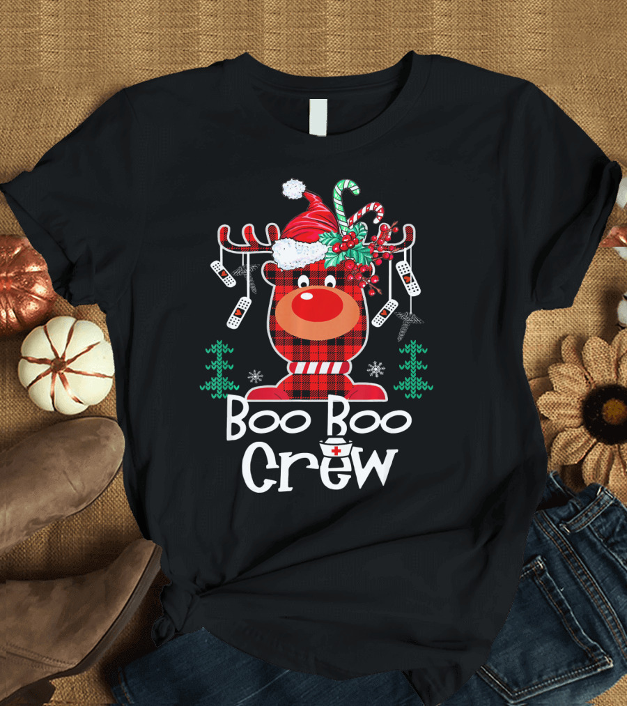 Funny Boo Boo Crew Reindeer with Red Plaid and Christmas Theme Elements T-Shirt