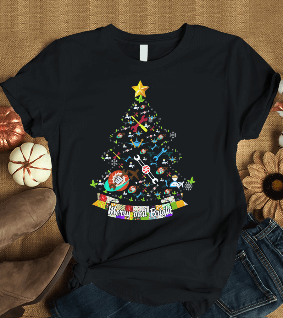 Merry and Bright Christmas Tree with Wrenches and Tools T-Shirt