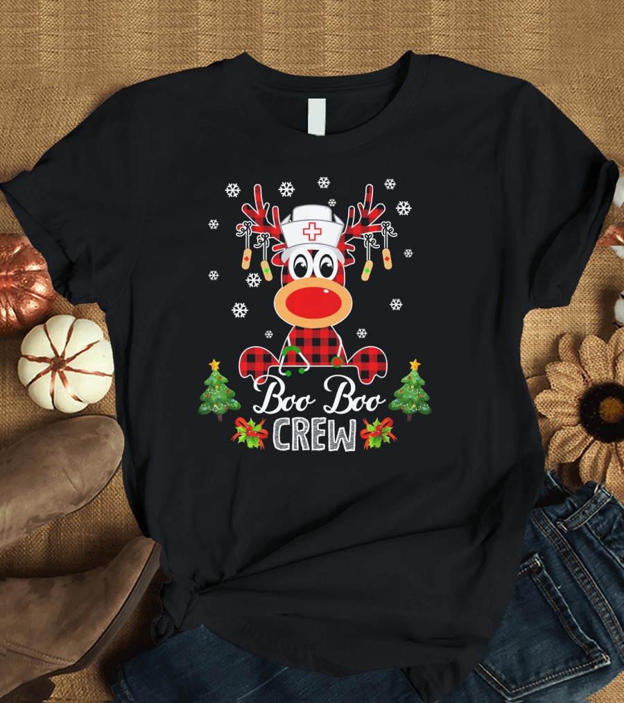 Boo Boo Crew Funny Nurse Christmas Reindeer Buffalo Plaid T-Shirt
