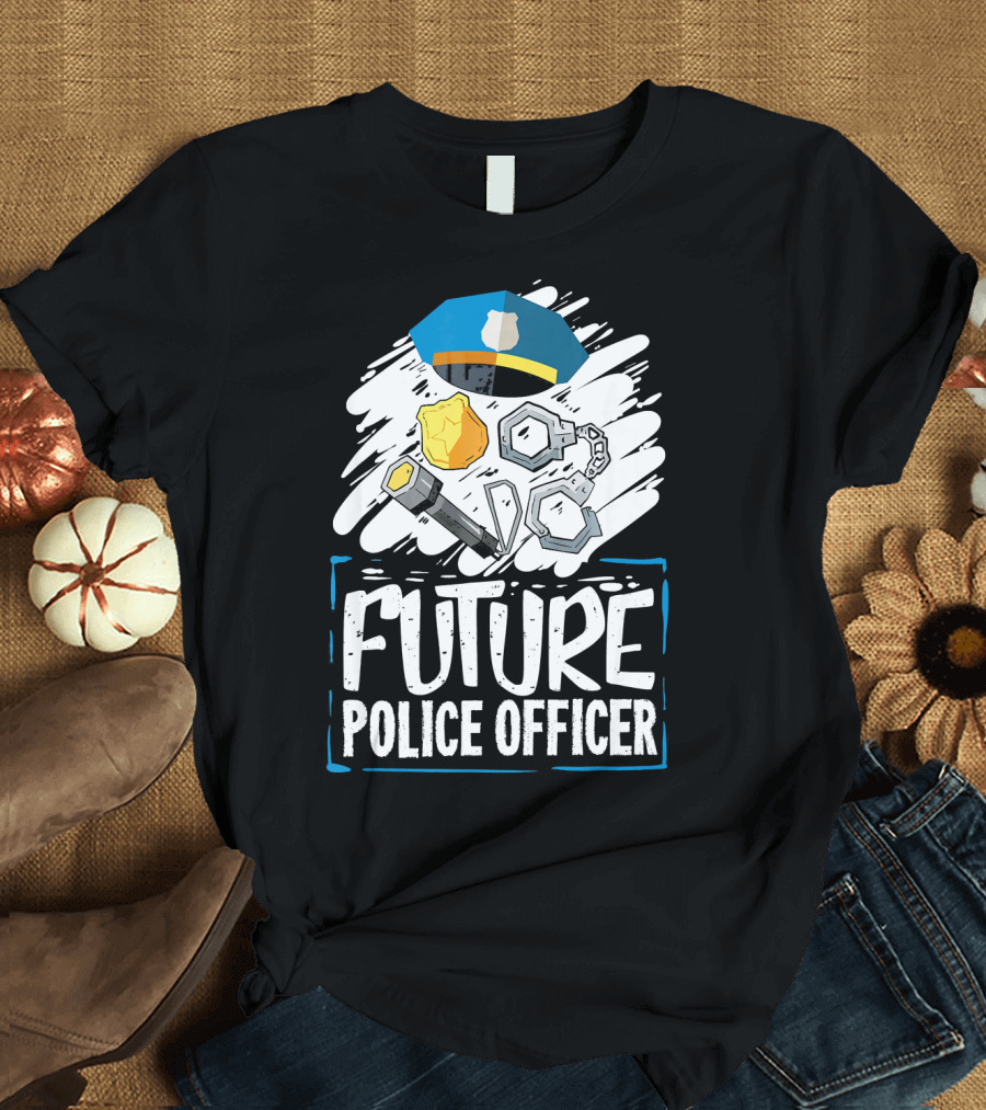 Future Police Officer Costume Concept with Badge, Cap, Handcuffs, and Baton T-Shirt