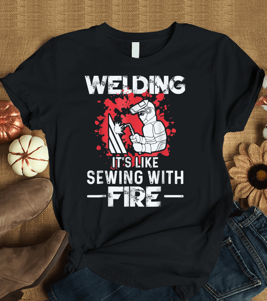 Welding It's Like Sewing With Fire Red Splatter Background Welding Mask T-Shirt