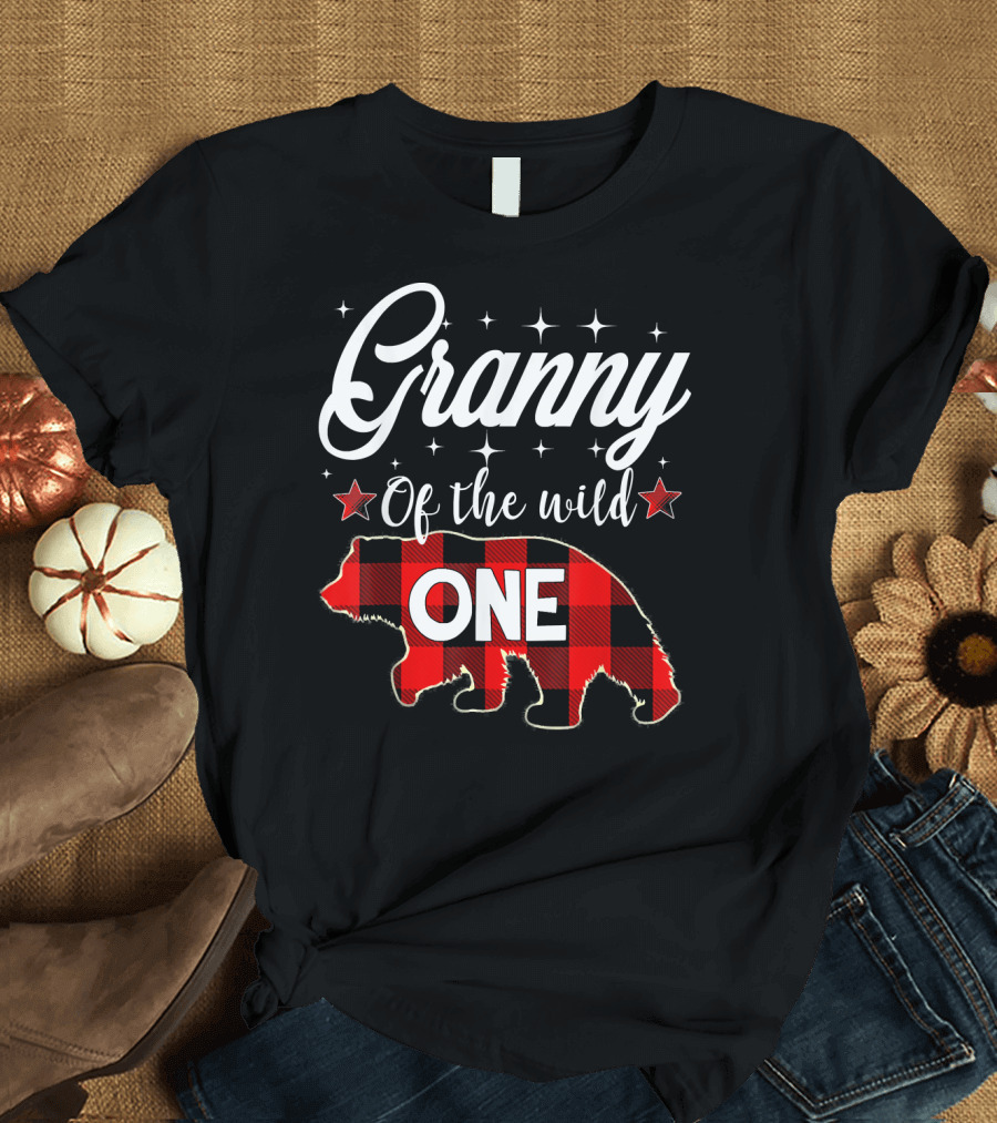Granny of the Wild One Bear Red Plaid Buffalo Check Stars T-Shirt
