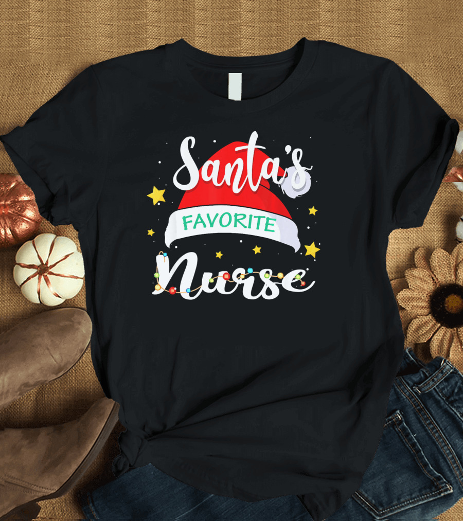 Santa's Favorite Nurse Funny Xmas Costume with Santa Hat and Stars T-Shirt