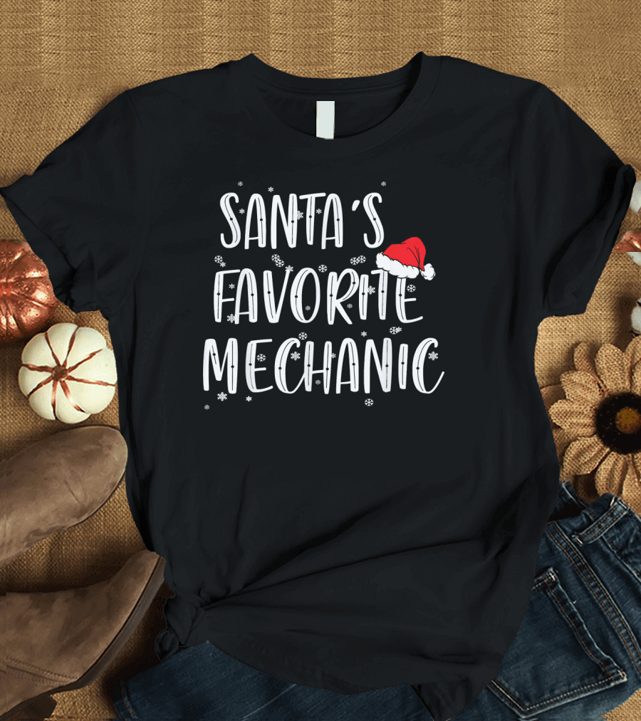 Santa's Favorite Mechanic with Santa Hat and Snowflakes T-Shirt