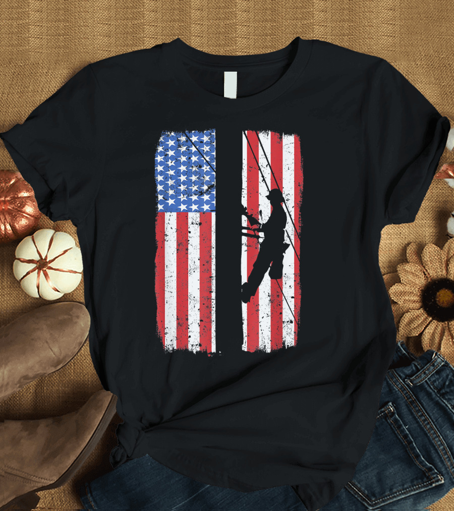 Lineman Silhouette on Distressed American Flag for Linework T-Shirt