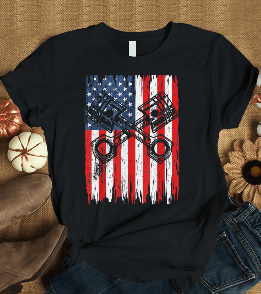 Patriotic American Mechanic 4th of July USA Flag with Pistons T-Shirt