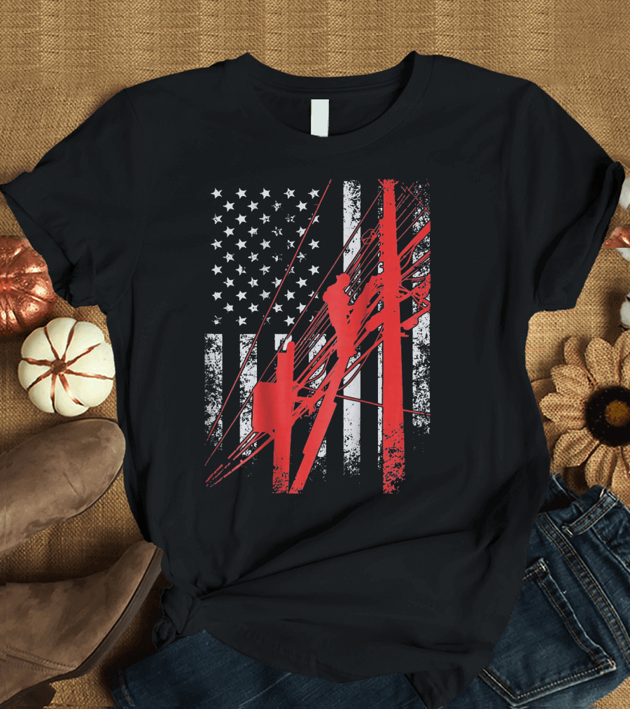 American Flag Lineman Electrician Pole Climber T-Shirt