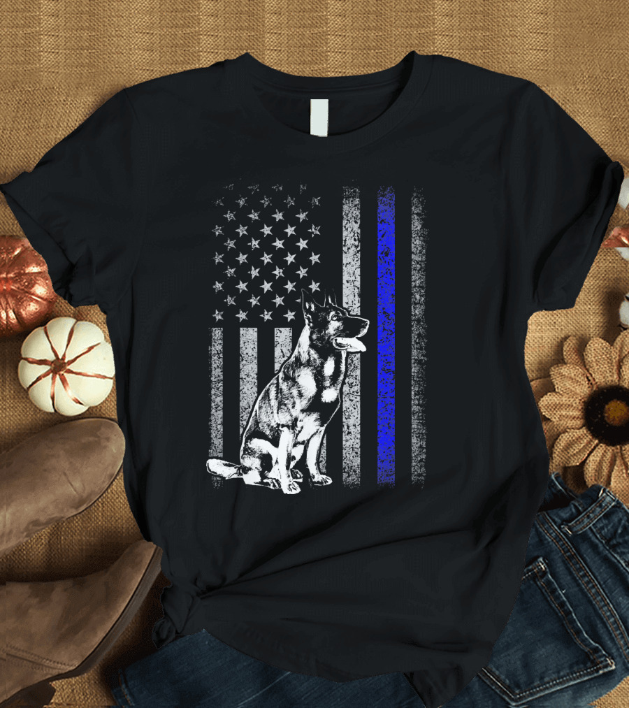 K9 Trainer Thin Blue Line American Flag with German Shepherd T-Shirt