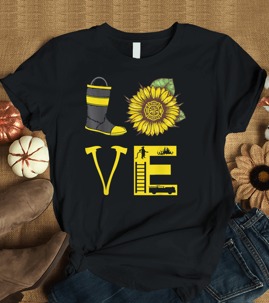 LOVE Firefighter Sunflower Rescue Gear Emblem Firetruck Hero T-Shirt