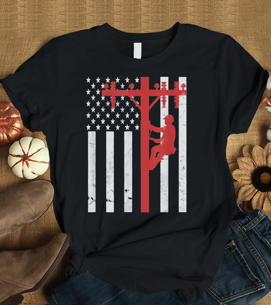 American Flag Lineman Climbing Utility Pole T-Shirt