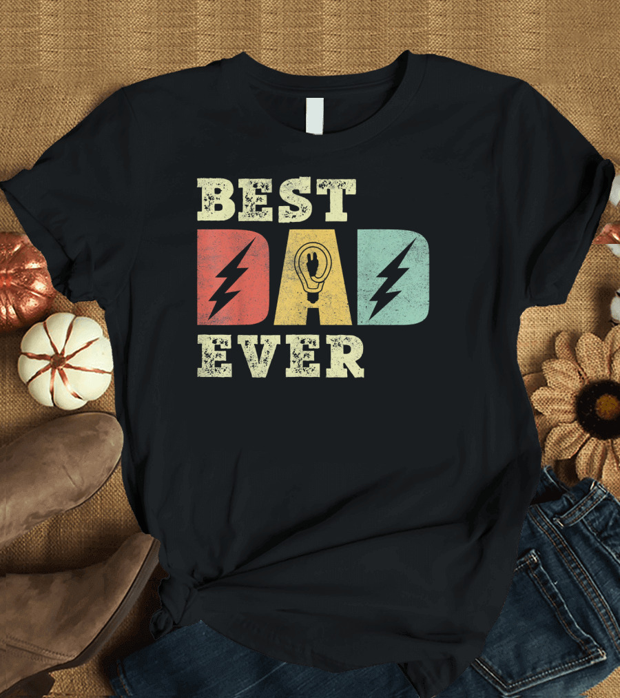 Best Dad Ever Electrician Lightning Light Bulb Retro T-Shirt
