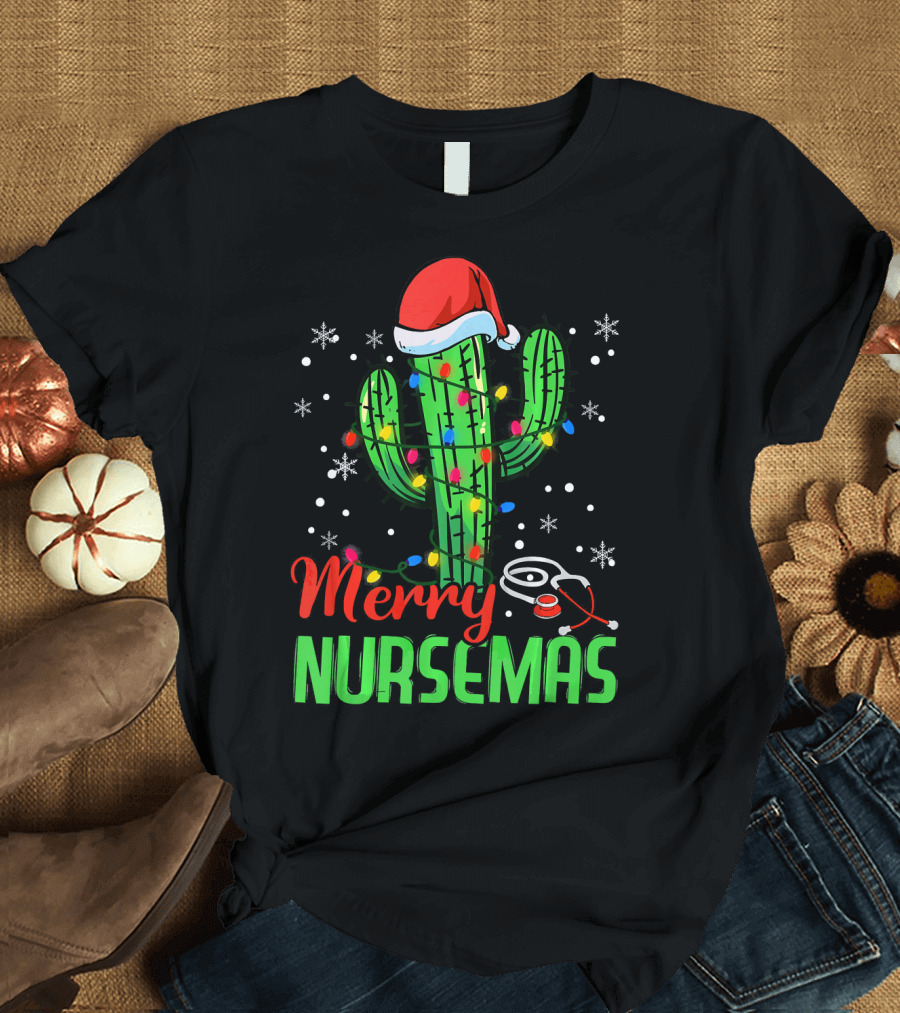 Merry Nursemas Cactus Stethoscope Holiday Lights Santa Hat T-Shirt
