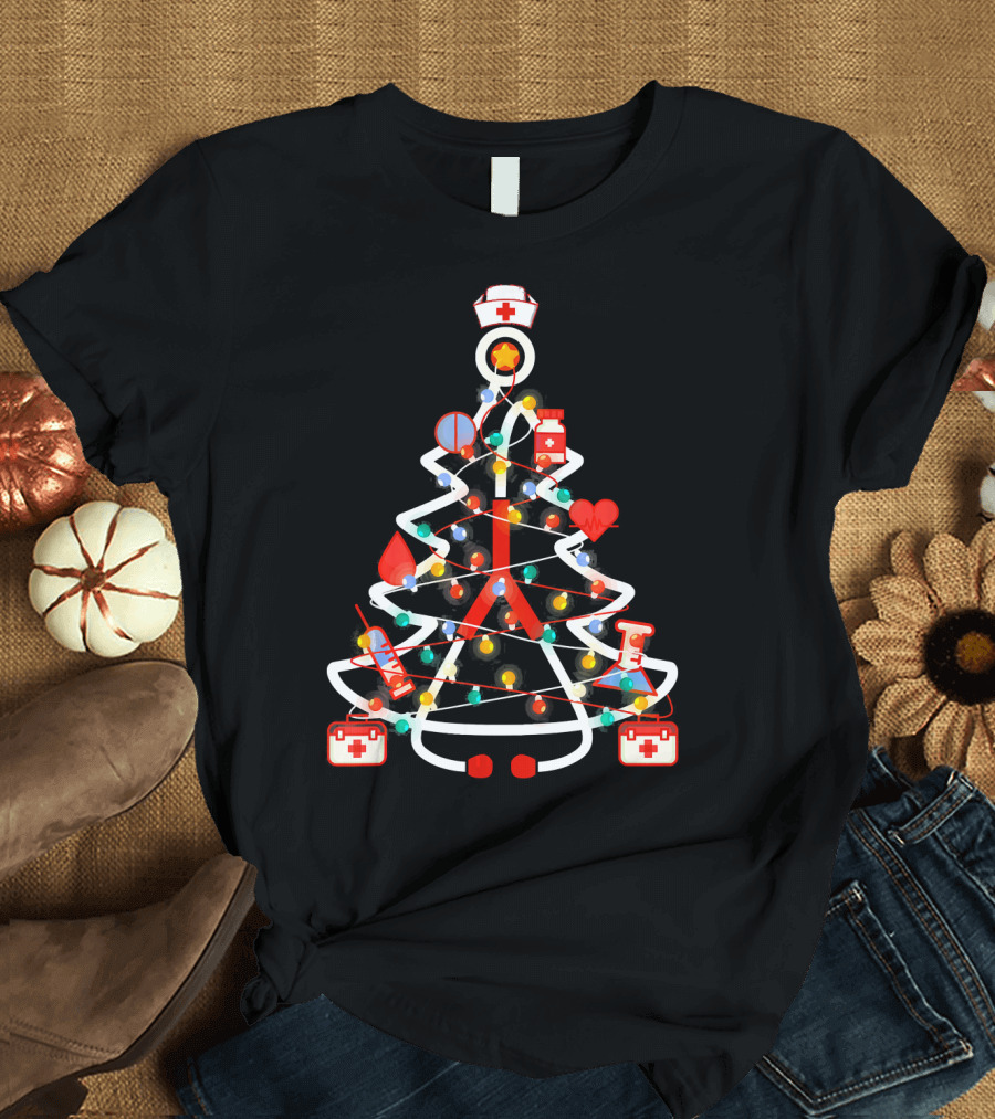 Merry Christmas Nursing Tree with Stethoscope and Medical Symbols T-Shirt