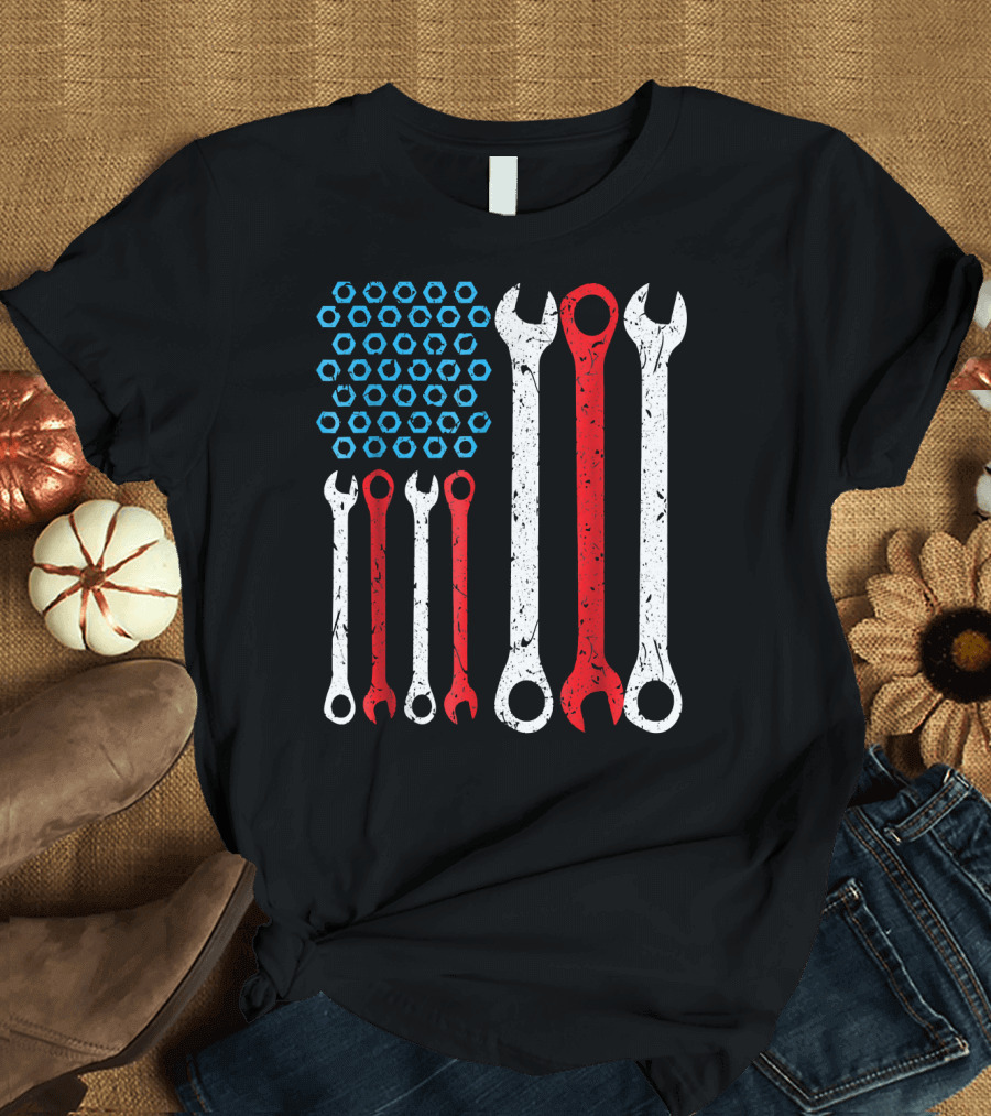 Mechanic USA American Flag Wrenches and Nuts T-Shirt