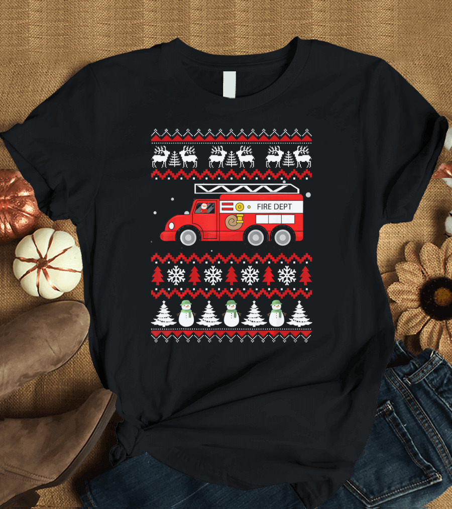Merry Christmas Fire Department Truck Snowflakes Reindeer Trees T-Shirt