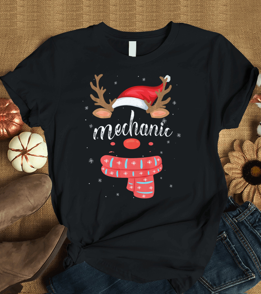 Mechanic Reindeer Christmas Hat and Scarf Group T-Shirt