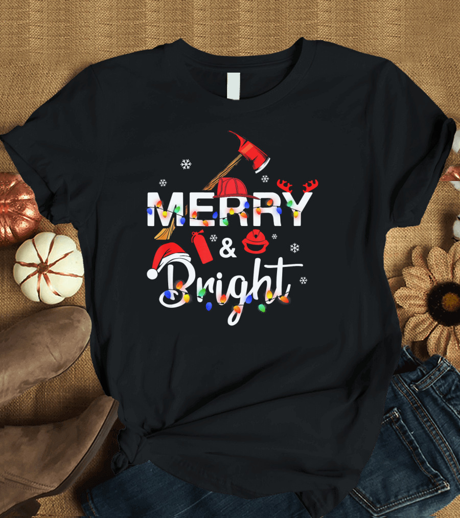 Men Firefighter Merry and Bright Christmas Lights and Symbols T-Shirt