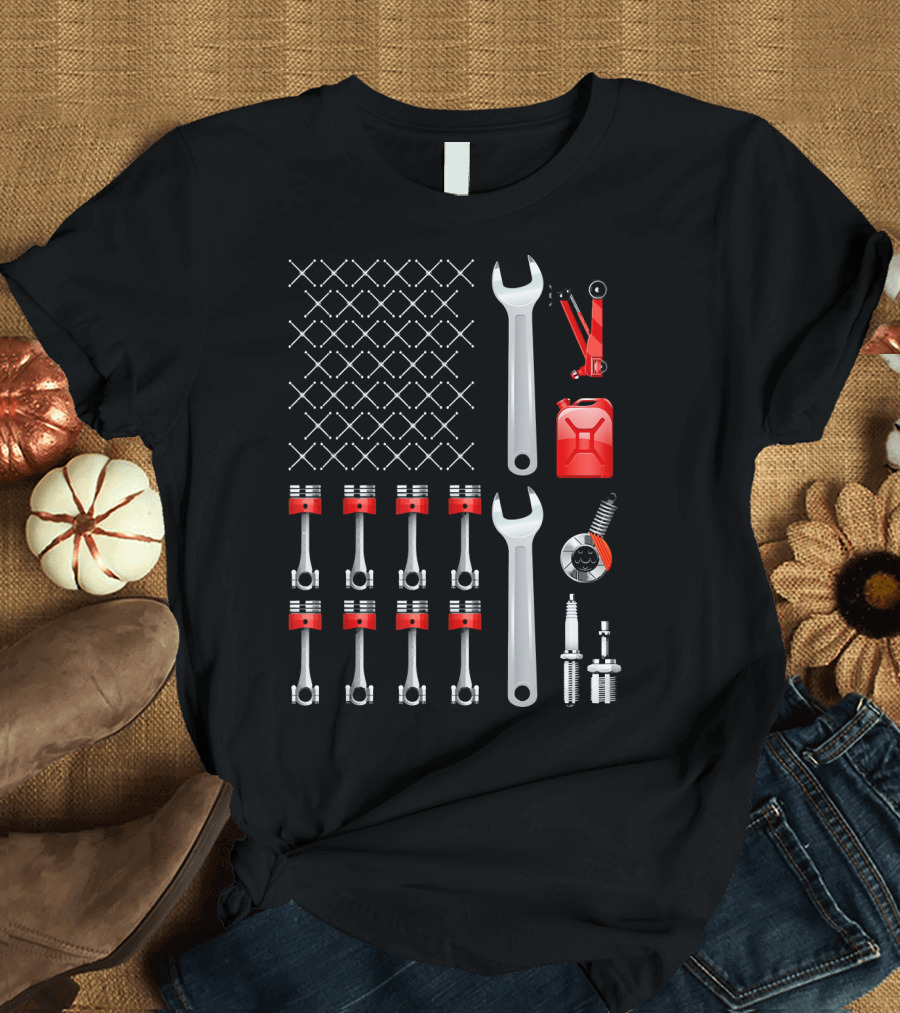 Mechanic USA Flag Tools Pistons Spark Plugs Wrench T-Shirt