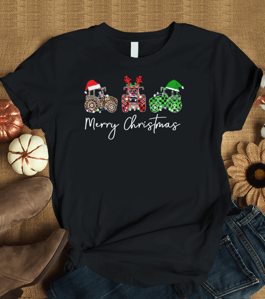 Merry Christmas Xmas Tractor Farmer with Santa Hats and Reindeer Antlers T-Shirt