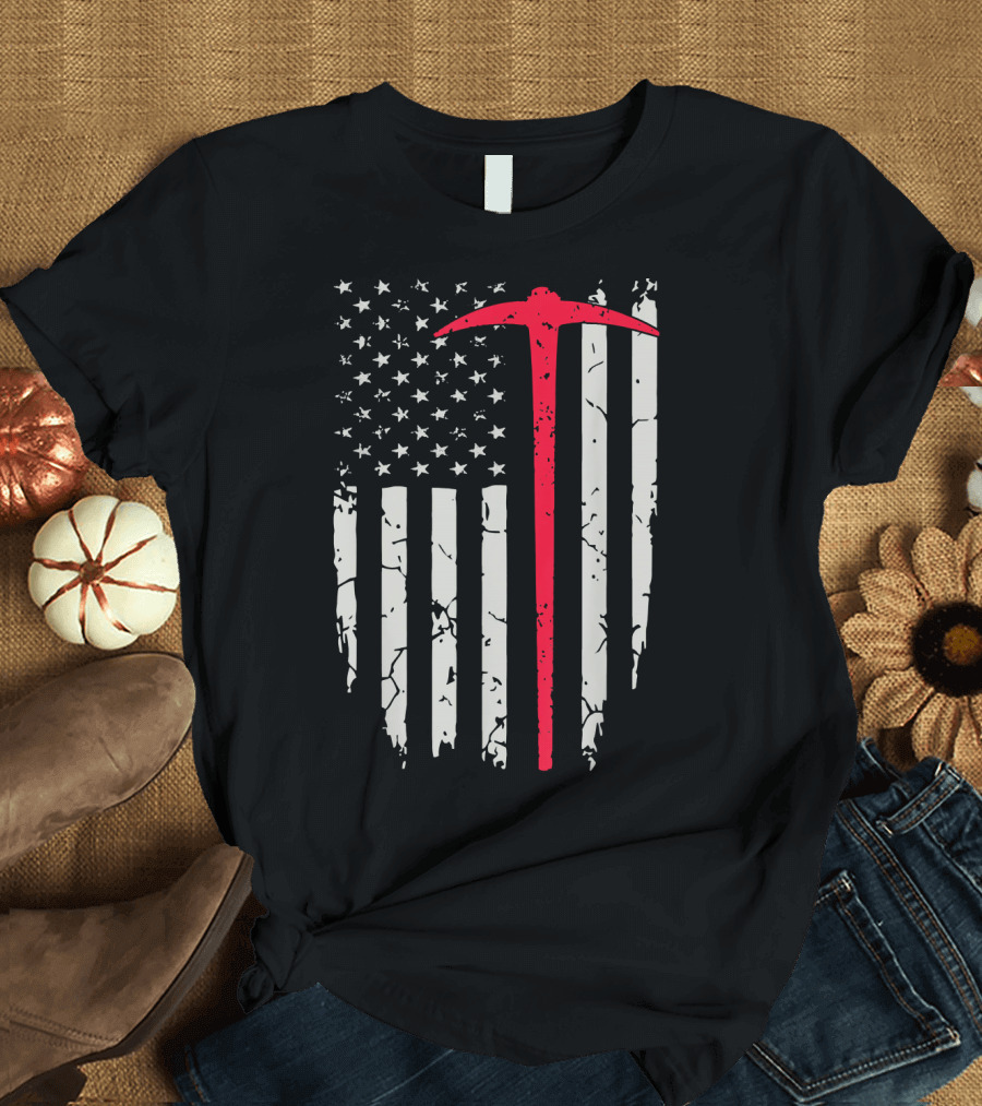 Miner American Flag Distressed Design with Red Pickaxe T-Shirt
