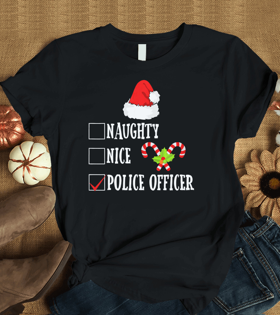 Merry Christmas Naughty Nice Police Officer Santa Hat Candy Cane T-Shirt