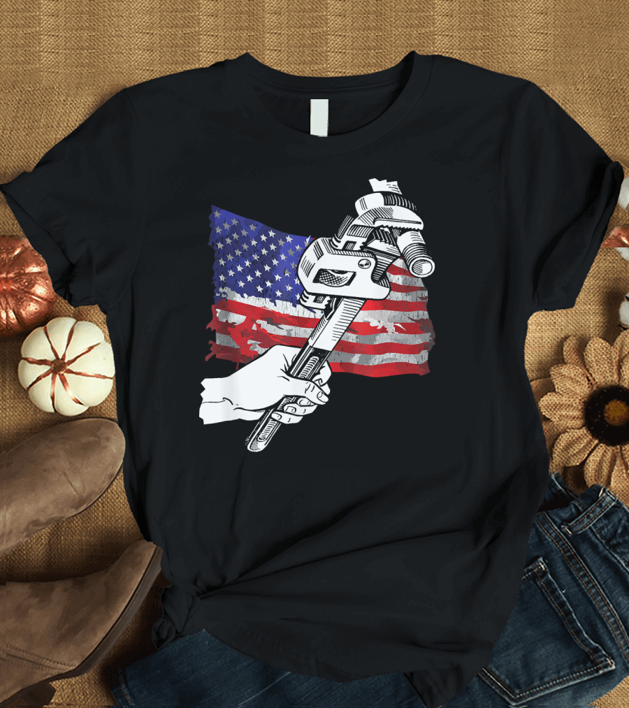 Pipefitter Union Pride with American Flag and Wrench T-Shirt