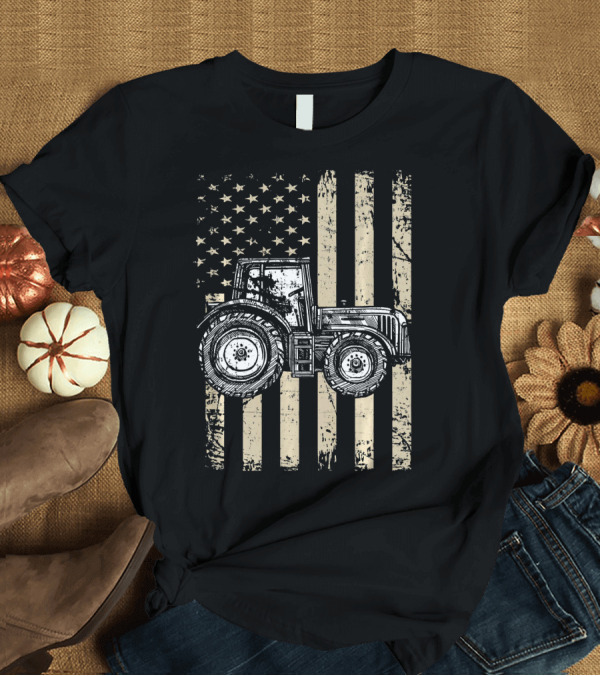 T-Shirt: American Flag with Distressed Tractor Overlaid T-Shirt American Flag with Distressed Tractor Overlaid T-Shirt