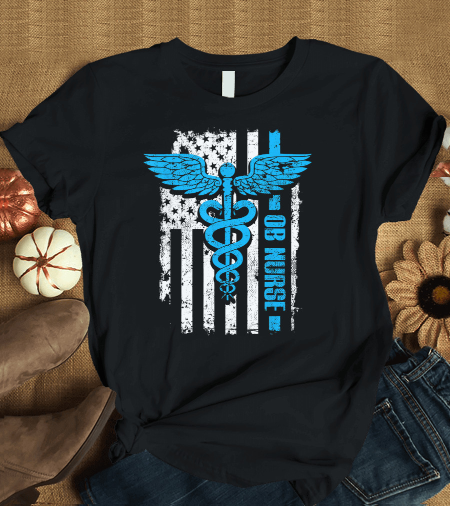 OB Nurse American Flag Caduceus Wings T-Shirt